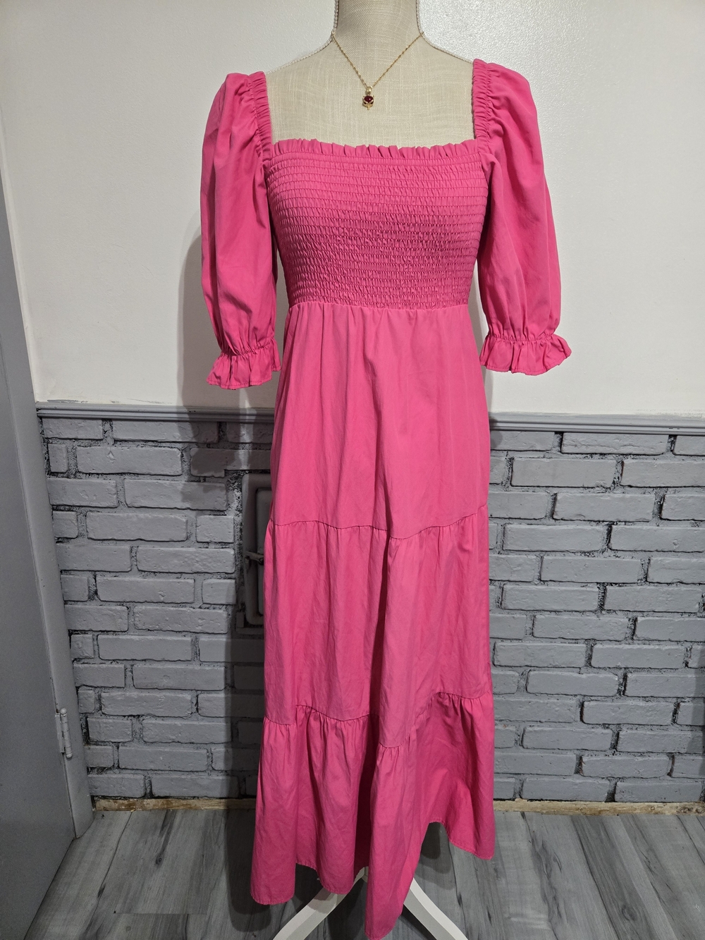 stradivarius Bright Pink Smocked Maxi Dress with Puff Sleeves